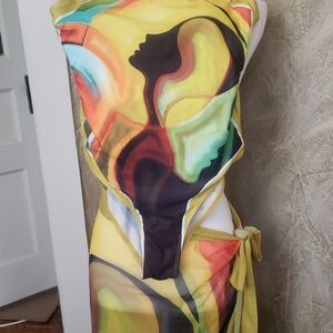 Vibrant Yellow Abstract One Piece With Coverup. Never Worn